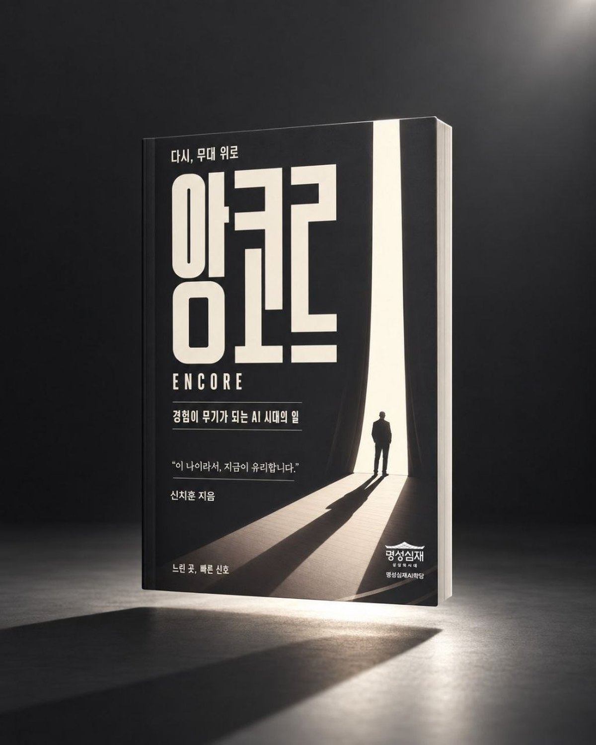 「앙코르 — 경험이 무기가 되는 AI 시대의 일」 표지. 어두운 무대 위로 들어오는 빛줄기와 그 안으로 걸어 들어가는 사람의 실루엣.